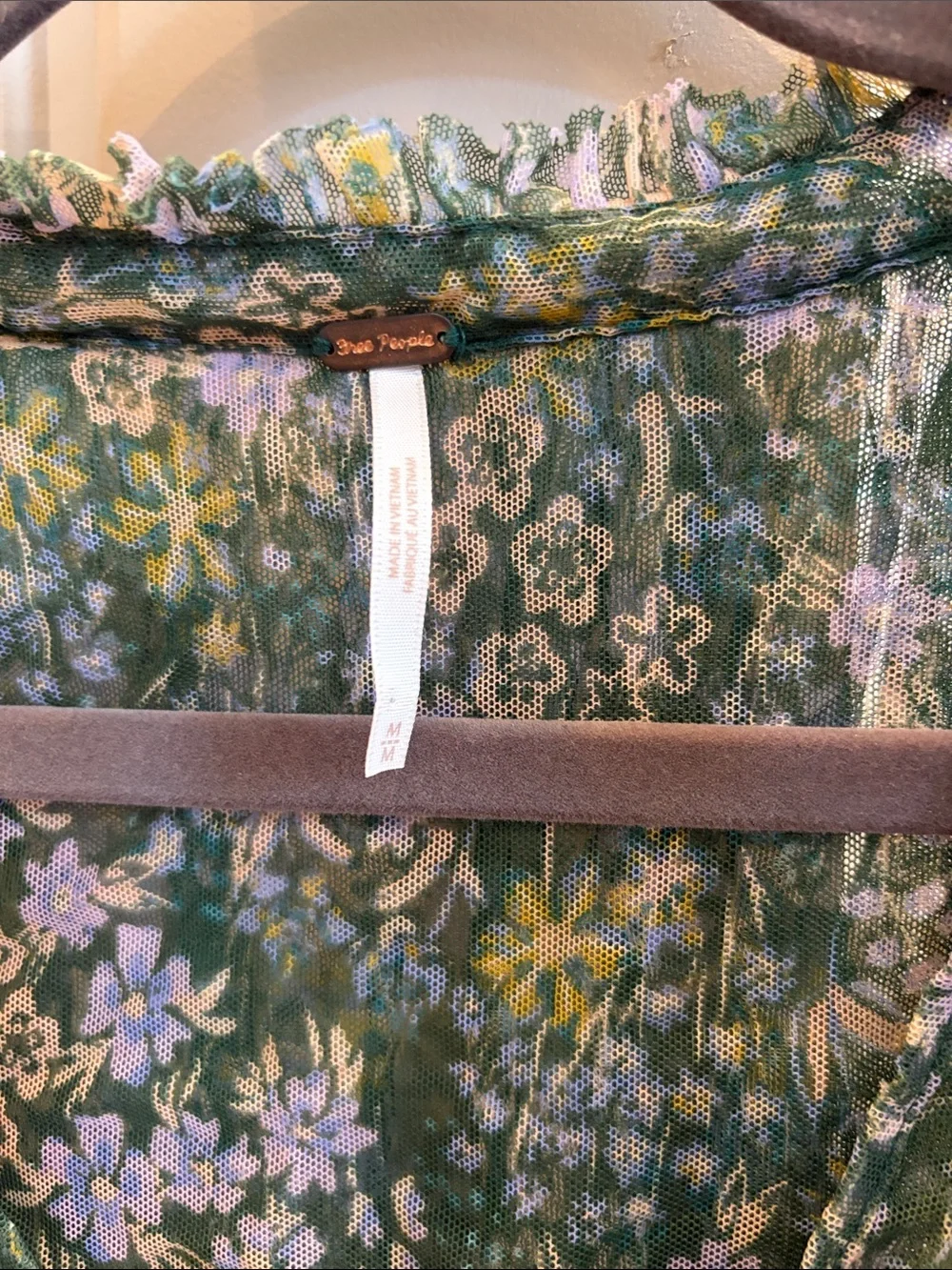 Free People Floral Green V-Neck Long Sleeve Smocked Waist Top